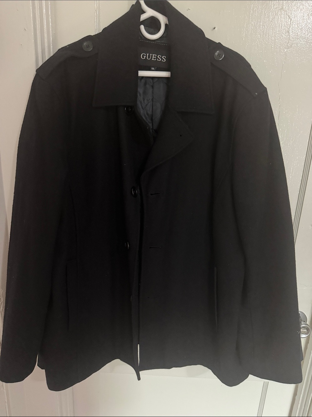 GUESS Men’s Black Pea Coat - Classic Wool-Blend Jacket